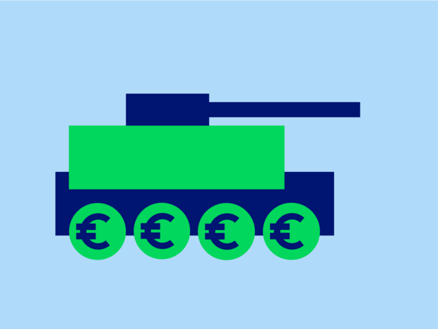 GLS Bank fordert Übergewinnsteuer für Rüstung Illustration eines Panzers auf Rädern aus Euro