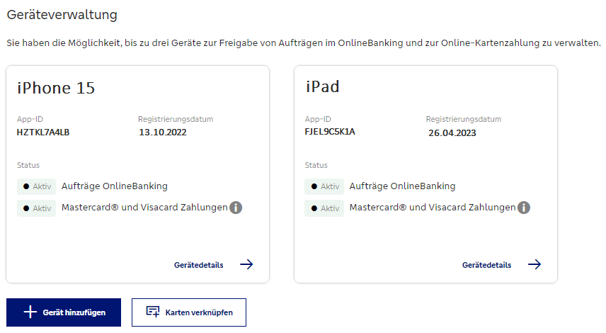 Screenshot der Geräteverwaltung zur SecureGo Plus App