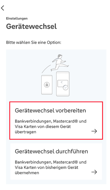 Screenshot Gerätewechsel vorbereiten in der SecureGo Plus App