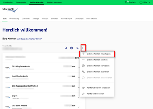 Screenshot vom Onlinebanking mit Markierungen zum Hinzufügen von weiteren Konten