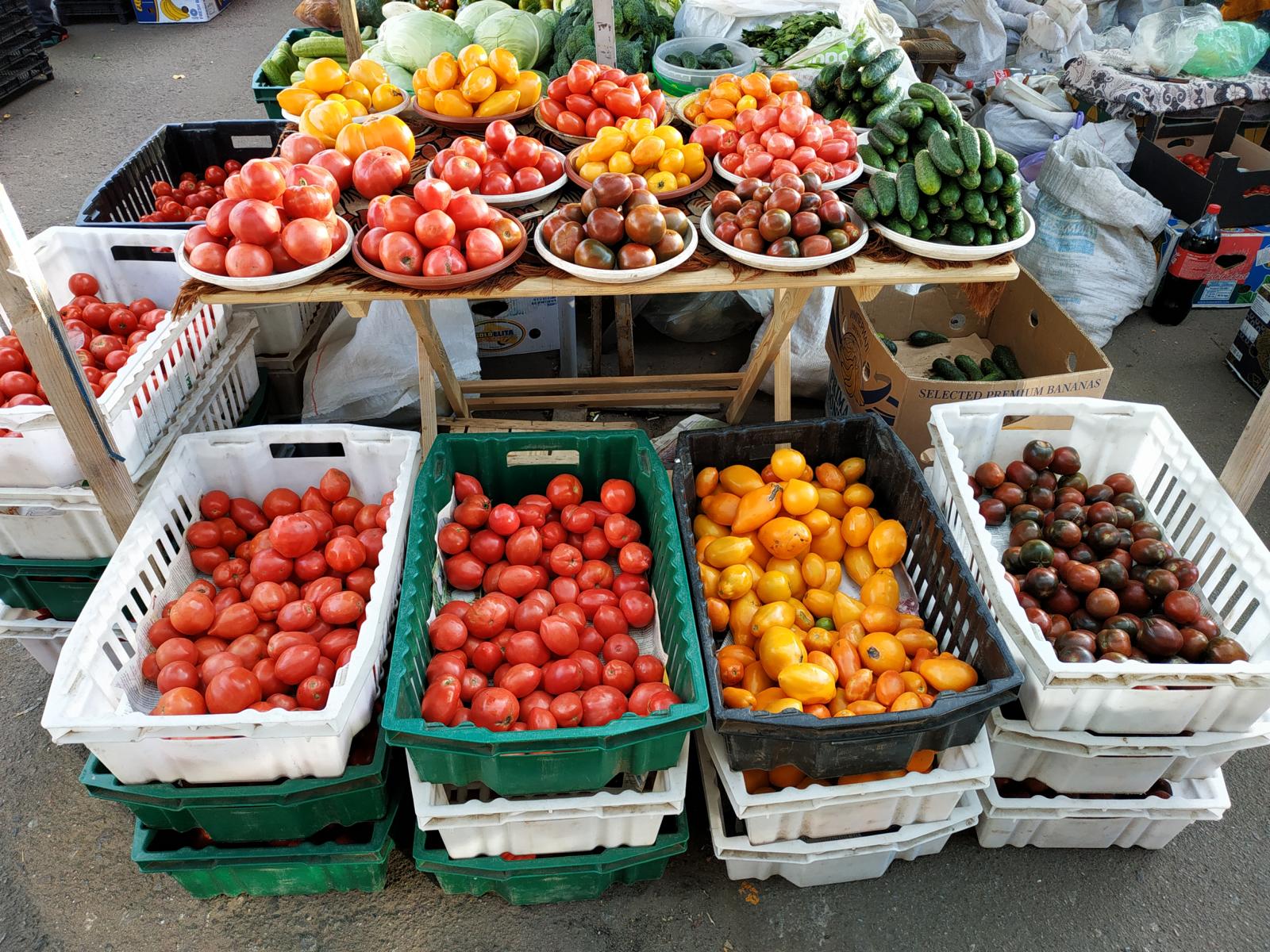 Körbe mit verschiedenen roten und gelben Tomaten und Gurken.