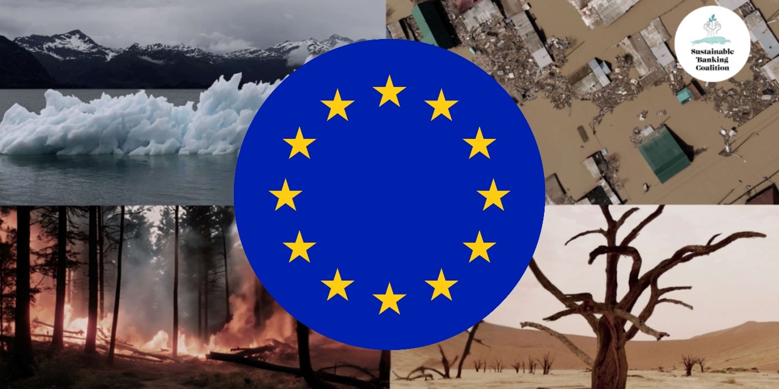 EU Flagge über vier Bildern mit Folgen des Klimawandels