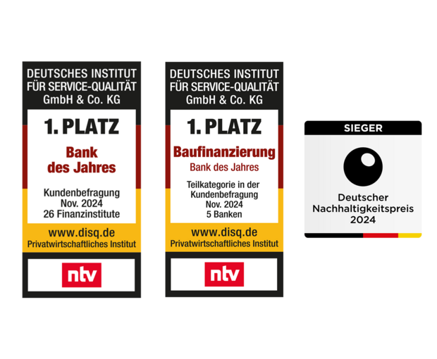 1. Platz Bank des Jahres und Baufinanzierung NTV und Sieger Deutscher Nachhaltigkeitspreis 2024