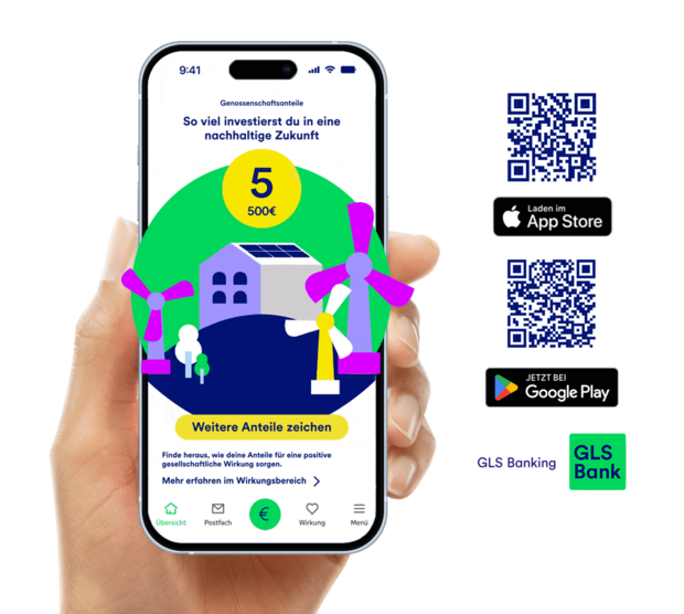 GLS Banking App mit QR-Codes zum Download im App Store und Google Play