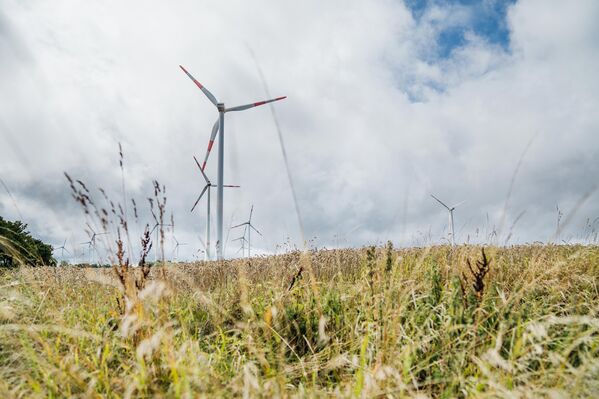 GLS Bank Aktienfonds investiert langfristig in Aktien von nachhaltigen Unternehmen Windräder in einem Getreidefeld