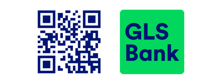 QR Code zum Download der GLS Banking App und das Icon der App.