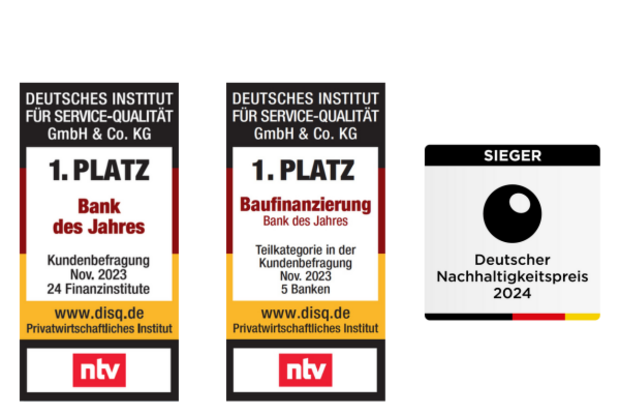 1. Platz Bank des Jahres und Baufinanzierung NTV und Sieger Deutscher Nachhaltigkeitspreis 2024