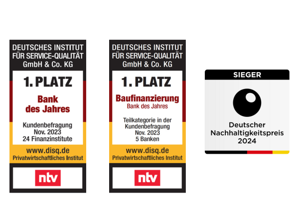 1. Platz Bank des Jahres und Baufinanzierung NTV und Sieger Deutscher Nachhaltigkeitspreis 2024